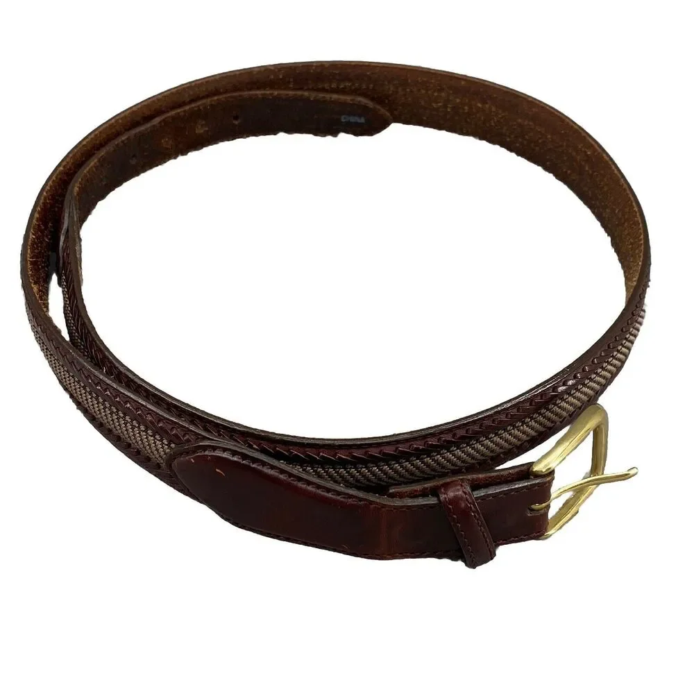 Brighton Leather Camden Canvas Belt Men Brown Size 42 Knit Brass Buckle Corpcore